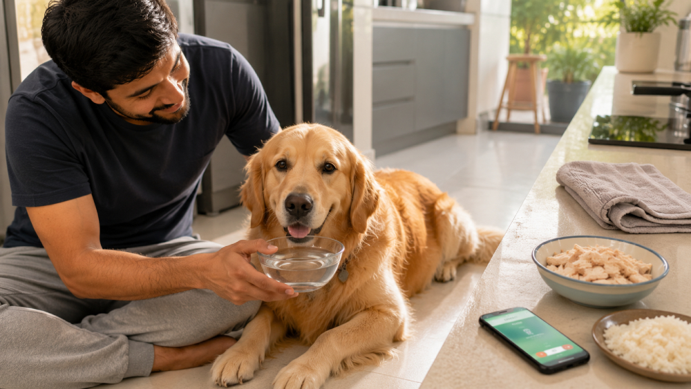 Illustration of a resting dog beside a water bowl, a bland meal and a veterinary cross symbol