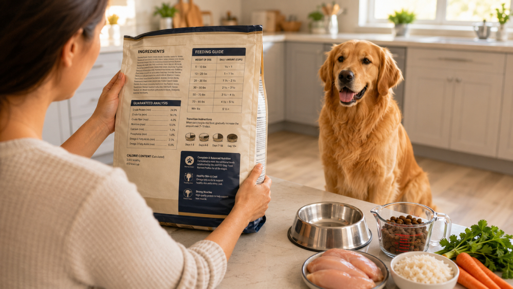 Illustration of a dog food bag being examined through a magnifying glass beside a bowl of kibble
