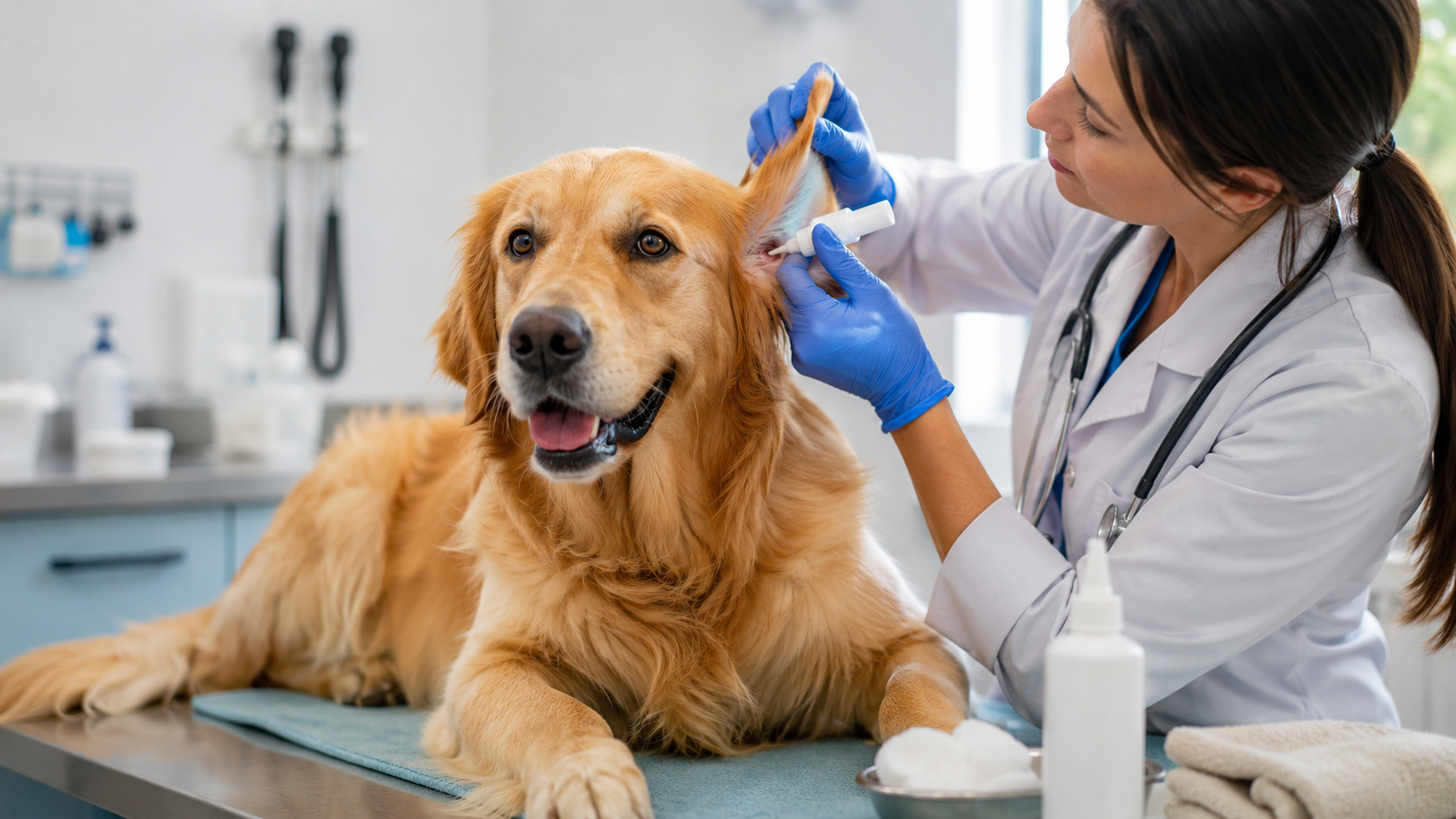 Illustration of a dog with a lifted ear flap beside an ear cleaner bottle and a crossed-out cotton swab